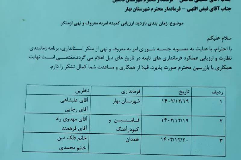 زمان بندی بازدید ارزیابی کمیته امر به معروف و نهی از منکر